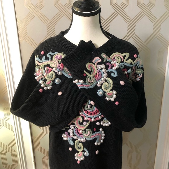 Vintage 80s BOAZ Black/Pastel Embroidered W/Pearls Sweater Ramie Cotton - Picture 4 of 7